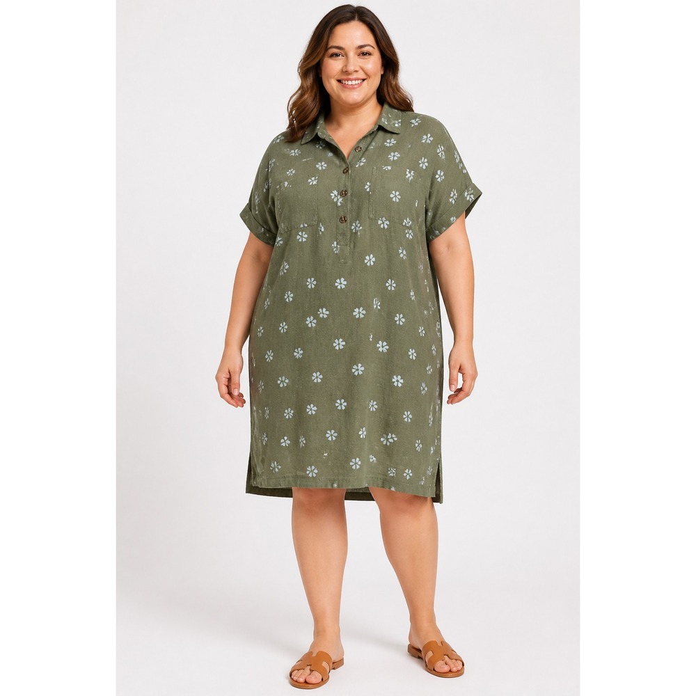 Sonoma Goods For Life Womens 2X Green Floral Linen Blend Shirt Dress